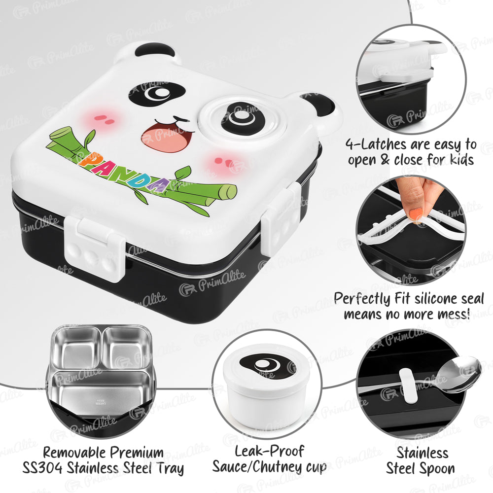 Primalite Kids Happy Panda Theme Stainless Steel Bento Lunch Box for School- 1100ML White