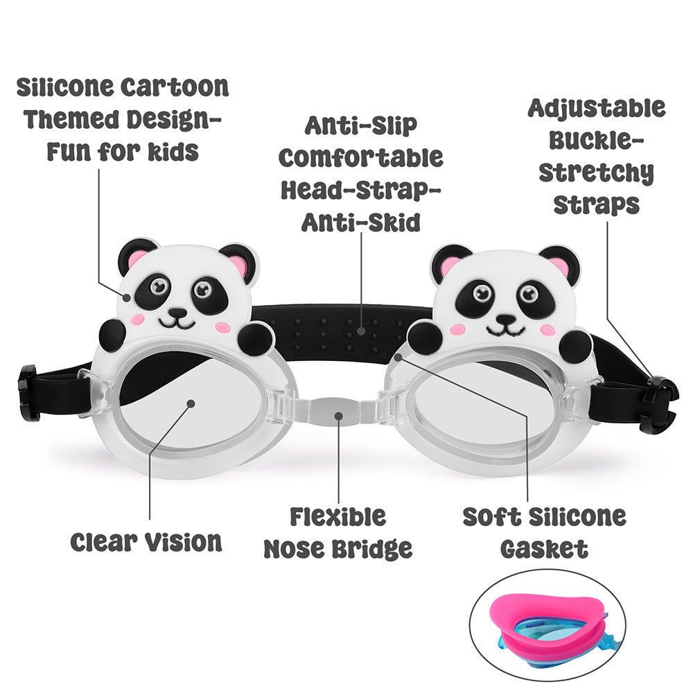 Primalite Swimming Goggles for Kids- Aged 3-12 Years Old, Fun Cartoon Design with Nose Clip & Ear Plug- Panda