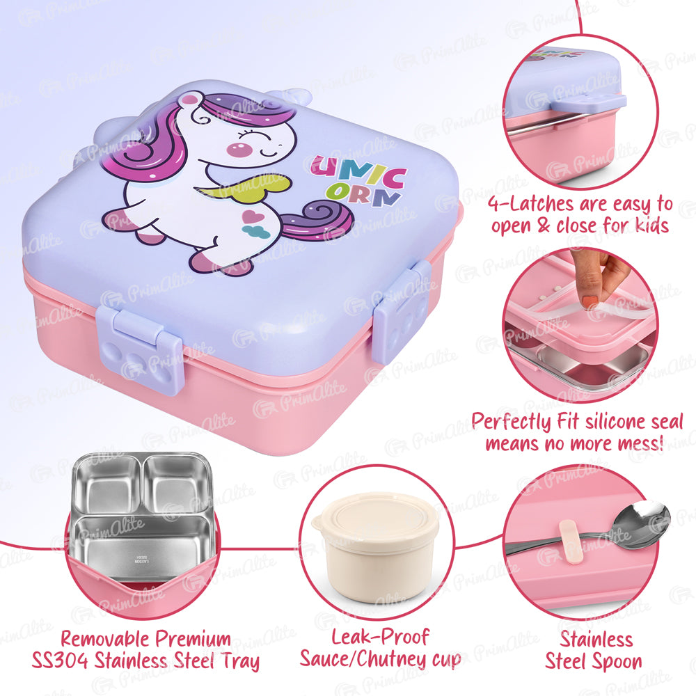 Primalite Kids Magical Unicorn Theme Stainless Steel Bento Lunch Box for School- 1100ML Lilac