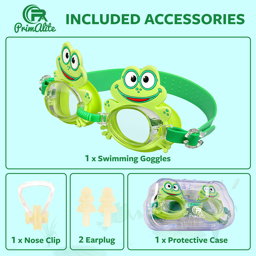 Primalite Swimming Goggles for Kids- Aged 3-12 Years Old, Fun Cartoon Design with Nose Clip & Ear Plug- Happy Frog