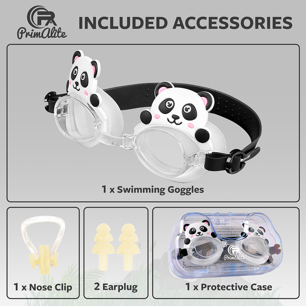 Primalite Swimming Goggles for Kids- Aged 3-12 Years Old, Fun Cartoon Design with Nose Clip & Ear Plug- Panda
