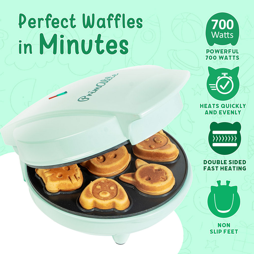 Primalite Animal Waffle Maker Machine- 700 Watts | Make 7 Fun & Cool Panda, Cat, Dog, Tiger & Reindeer Shaped Waffles Or Pancakes For Kids- Matte Black