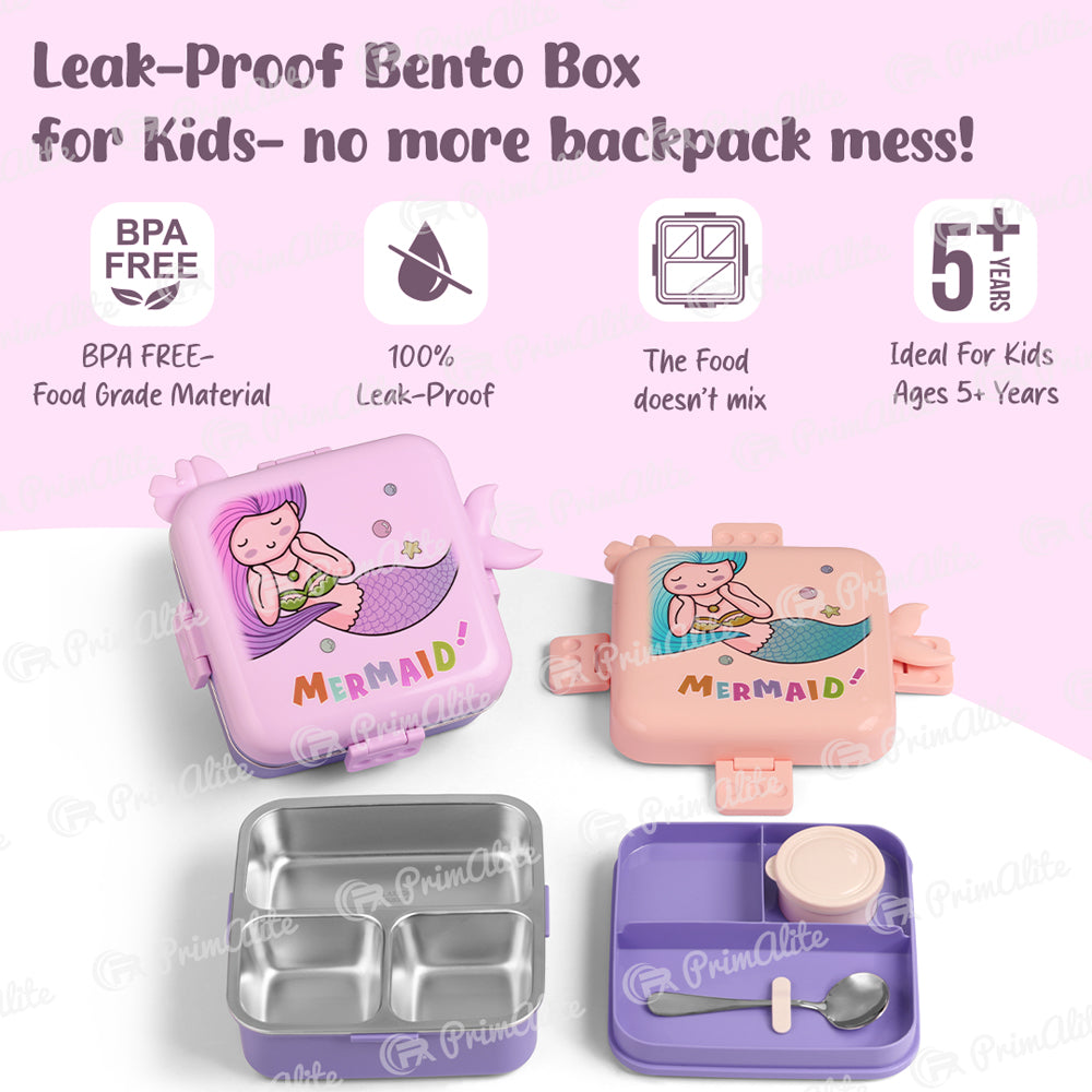 Primalite Kids Ocean Mermaid Theme Stainless Steel Bento Lunch Box for School- 1100ML Lavender
