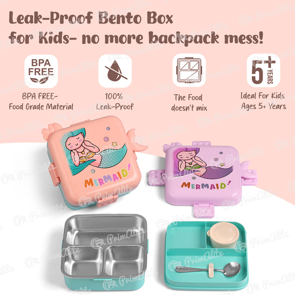 Primalite Kids Ocean Mermaid Theme Stainless Steel Bento Lunch Box for School- 1100ML Peach