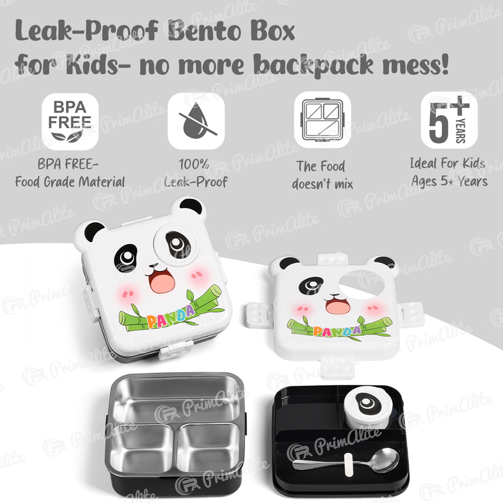 Primalite Kids Happy Panda Theme Stainless Steel Bento Lunch Box for School- 1100ML White