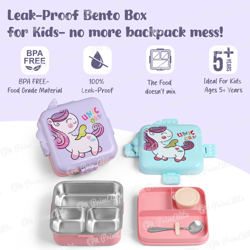 Primalite Kids Magical Unicorn Theme Stainless Steel Bento Lunch Box for School- 1100ML Lilac