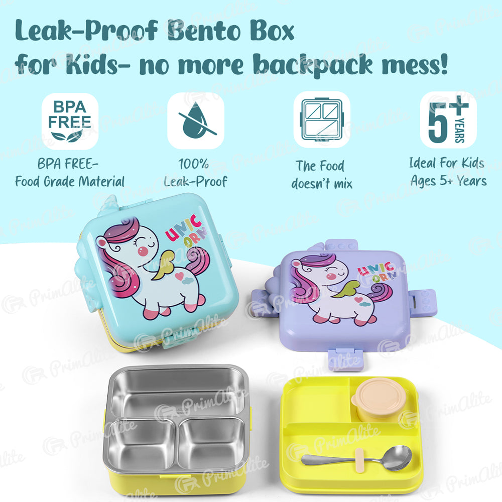 Primalite Kids Magical Unicorn Theme Stainless Steel Bento Lunch Box for School- 1100ML Sky