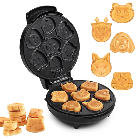 Primalite Animal Waffle Maker Machine- 700 Watts | Make 7 Fun & Cool Panda, Cat, Dog, Tiger & Reindeer Shaped Waffles Or Pancakes For Kids- Matte Black