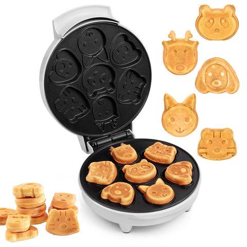 Primalite Animal Waffle Maker Machine- 700 Watts | Make 7 Fun & Cool Panda, Cat, Dog, Tiger & Reindeer Shaped Waffles Or Pancakes For Kids- Frost White