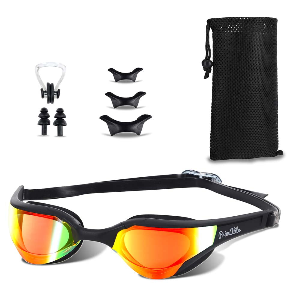 Primalite Swimming Goggles Mirrored- 3 Sizes Replaceable Nose Bridge with Nose Clip, Ear Plugs & Mesh Bag- Jet Black