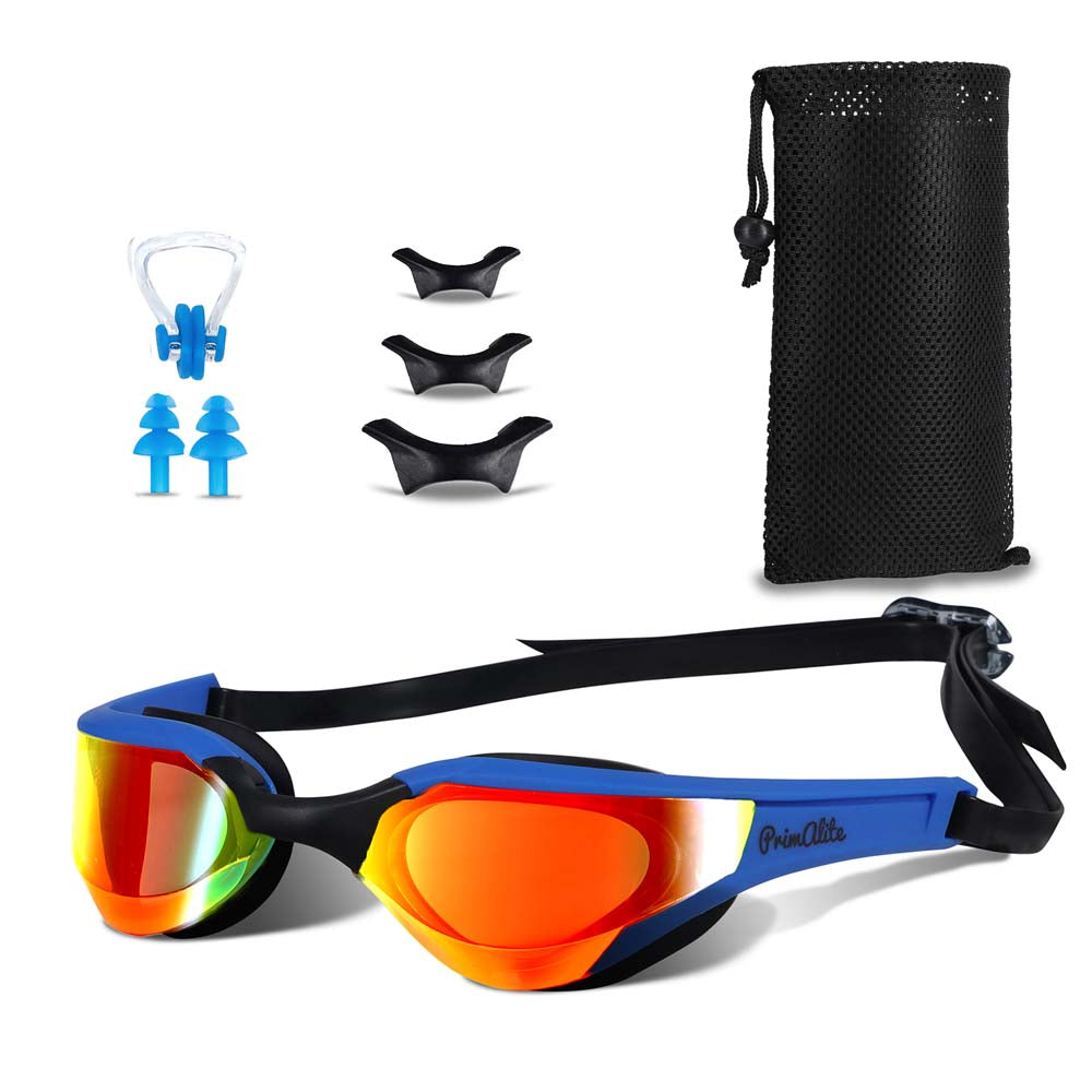 Primalite Swimming Goggles Mirrored- 3 Sizes Replaceable Nose Bridge with Nose Clip, Ear Plugs & Mesh Bag- Dark Blue