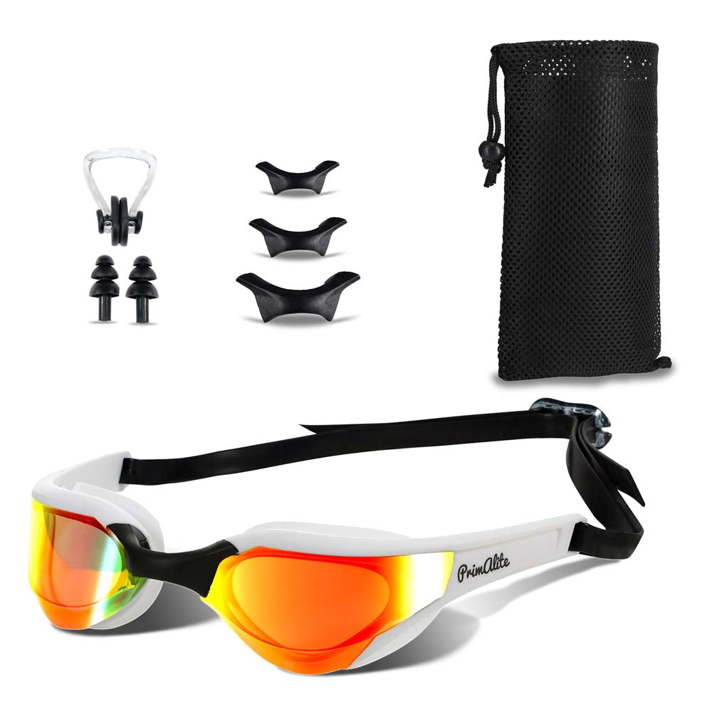 Primalite Swimming Goggles Mirrored- 3 Sizes Replaceable Nose Bridge with Nose Clip, Ear Plugs & Mesh Bag- White