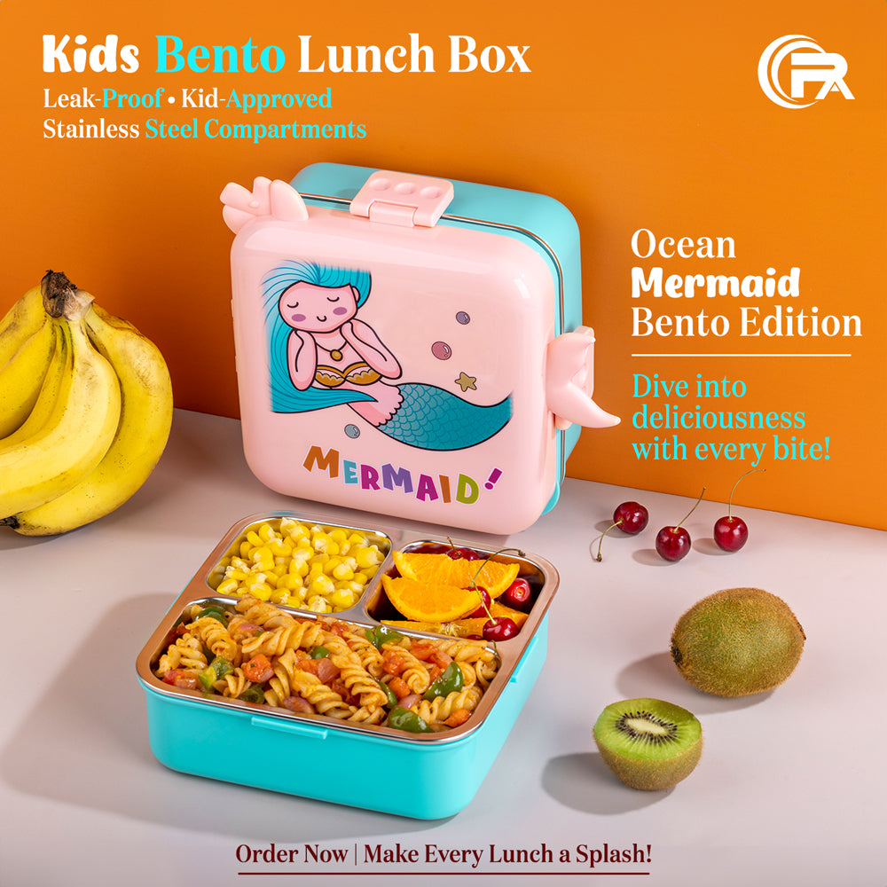 Primalite Kids Ocean Mermaid Theme Stainless Steel Bento Lunch Box for School- 1100ML Peach