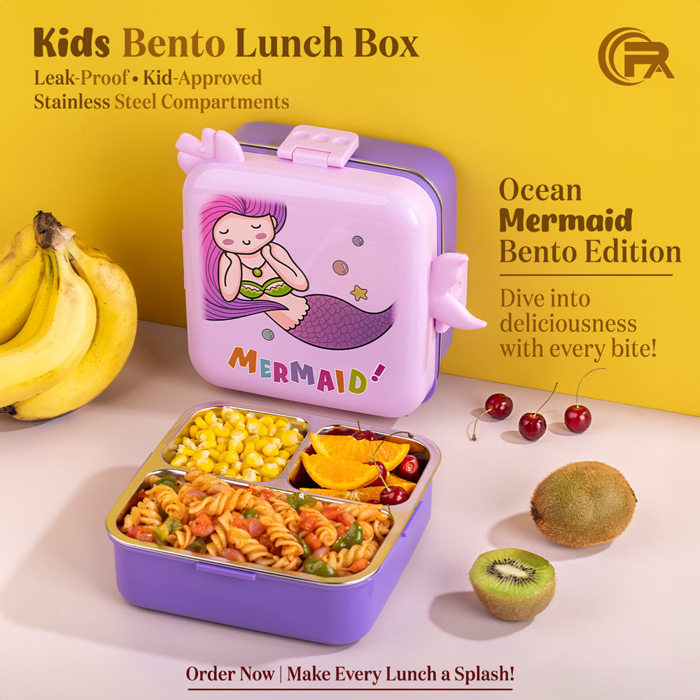 Primalite Kids Ocean Mermaid Theme Stainless Steel Bento Lunch Box for School- 1100ML Lavender