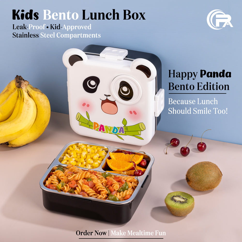 Primalite Kids Happy Panda Theme Stainless Steel Bento Lunch Box for School- 1100ML White