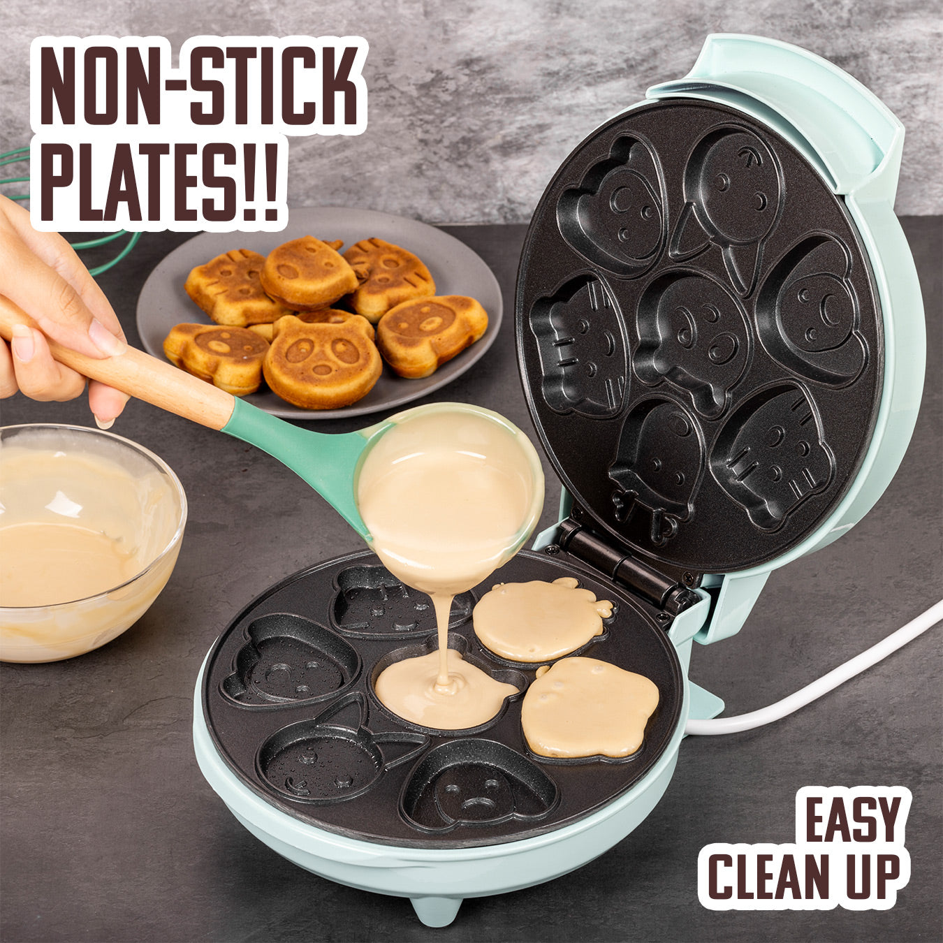 Primalite Animal Waffle Maker Machine- 700 Watts | Make 7 Fun & Cool Panda, Cat, Dog, Tiger & Reindeer Shaped Waffles Or Pancakes For Kids- Mint Green