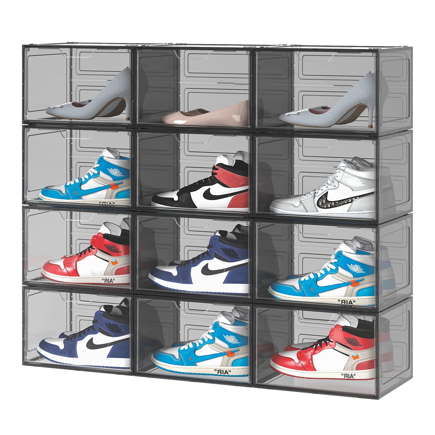 Primalite Sneaker Crates Storage Box-12 Pack with DROP-SIDE Display Magnetic Door- HEAVY-DUTY | Fits Up to US: 13- BLACK