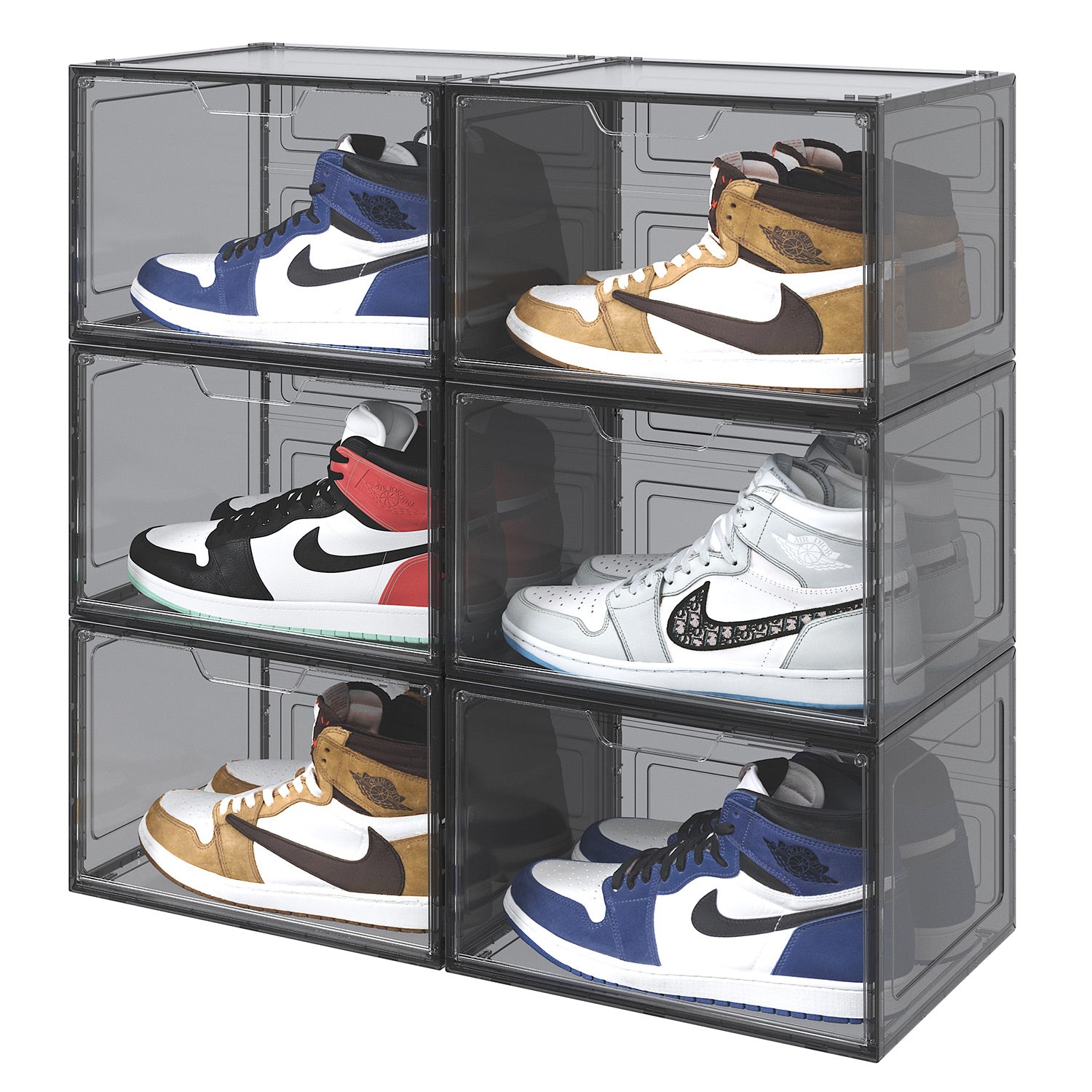 Primalite Sneaker Crates Storage Box-6 Pack with DROP-SIDE Display Magnetic Door- HEAVY-DUTY | Fits Up to US: 13- BLACK