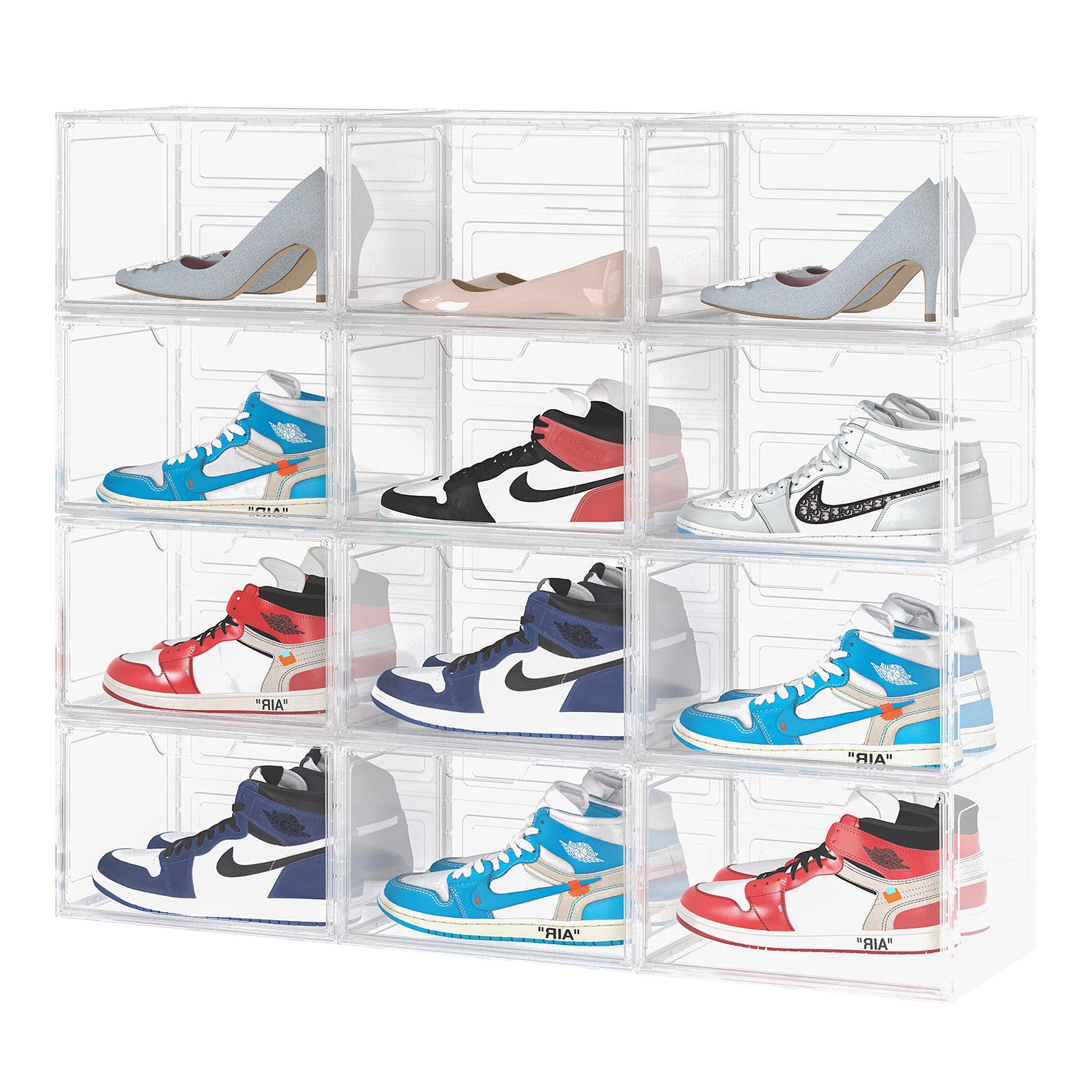 Primalite Sneaker Crates Storage Box-12 Pack with DROP-SIDE Display Magnetic Door- HEAVY-DUTY | Fits Up to US: 13- CLEAR