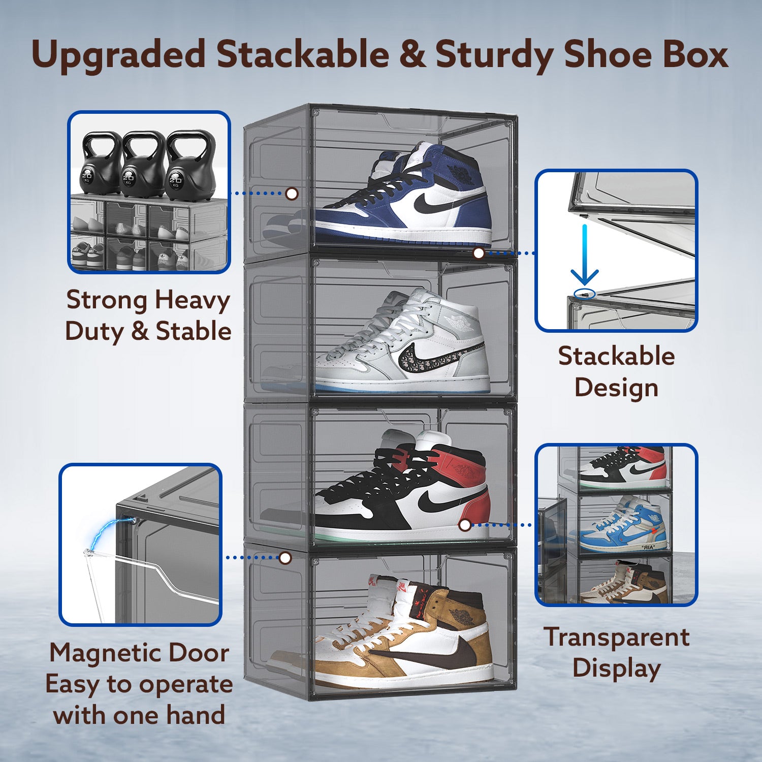 Primalite Sneaker Crates Storage Box-12 Pack with DROP-SIDE Display Magnetic Door- HEAVY-DUTY | Fits Up to US: 13- BLACK