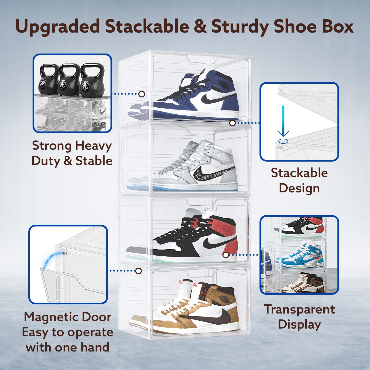 Primalite Sneaker Crates Storage Box-6 Pack with DROP-SIDE Display Magnetic Door- HEAVY-DUTY | Fits Up to US: 13- CLEAR