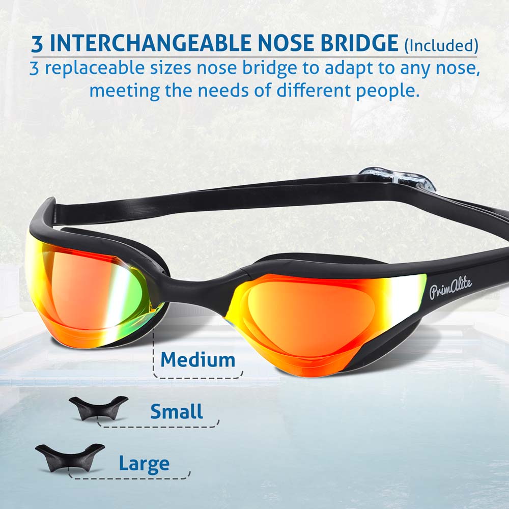 Primalite Swimming Goggles Mirrored- 3 Sizes Replaceable Nose Bridge with Nose Clip, Ear Plugs & Mesh Bag- Jet Black