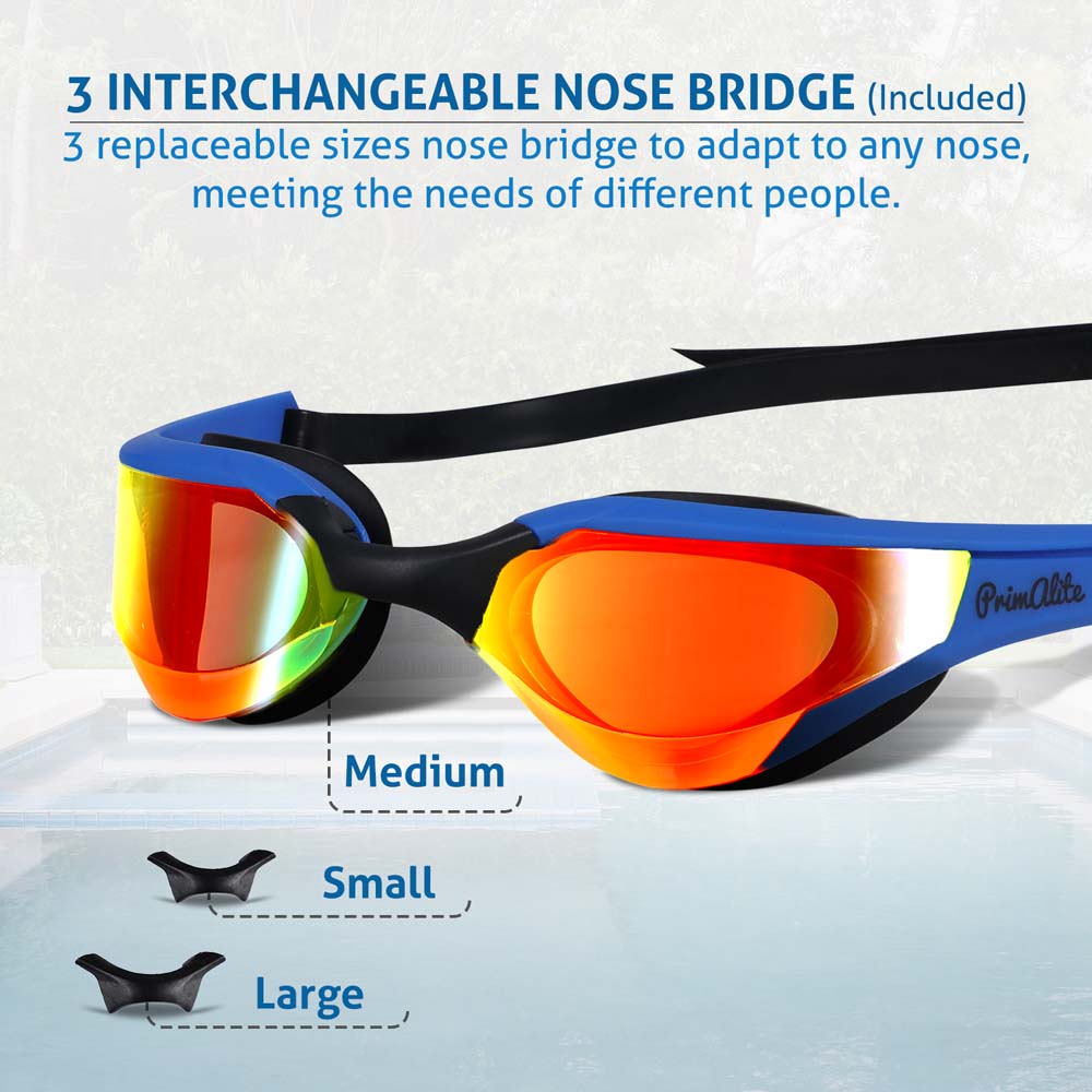 Primalite Swimming Goggles Mirrored- 3 Sizes Replaceable Nose Bridge with Nose Clip, Ear Plugs & Mesh Bag- Dark Blue