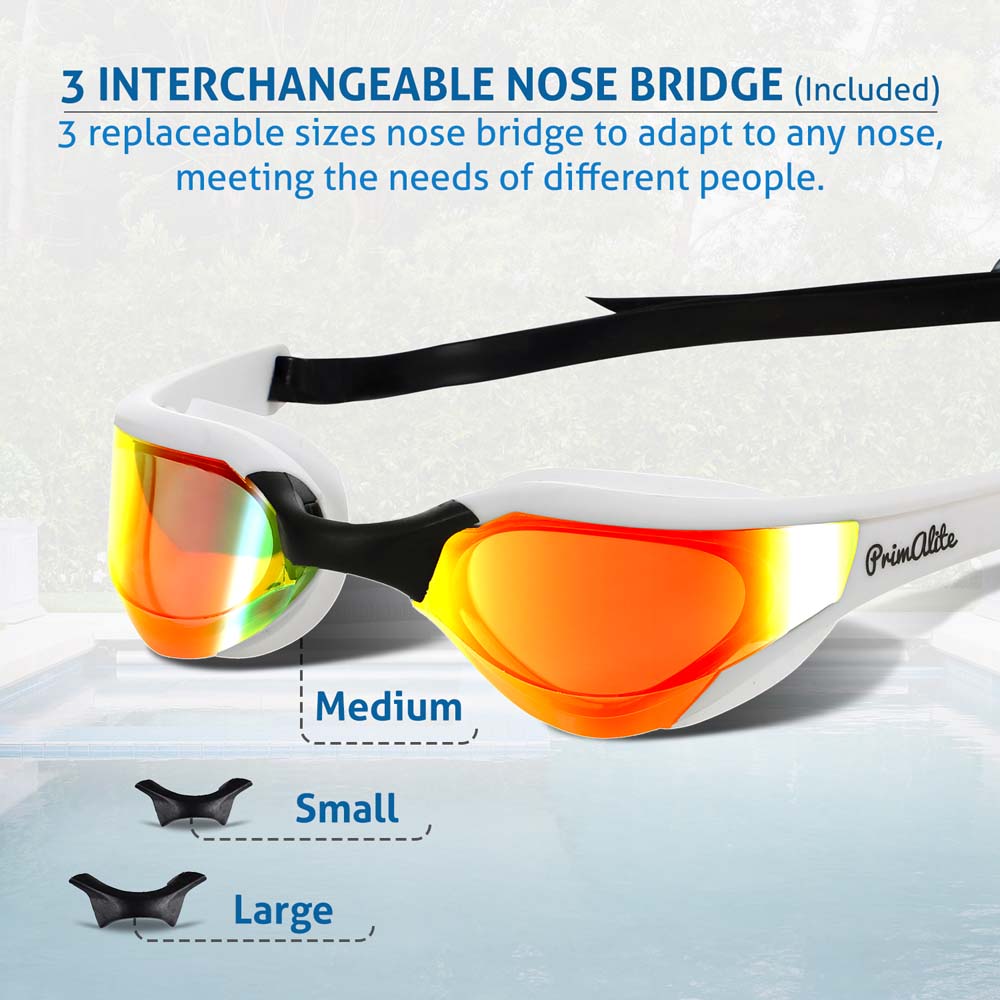 Primalite Swimming Goggles Mirrored- 3 Sizes Replaceable Nose Bridge with Nose Clip, Ear Plugs & Mesh Bag- White