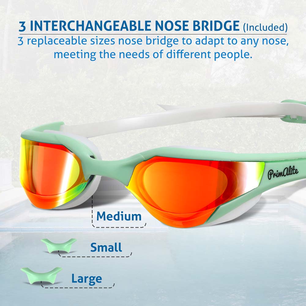 Primalite Swimming Goggles Mirrored- Sizes Replaceable Nose Bridge with Nose Clip, Ear Plugs Mesh Bag- Mint Green