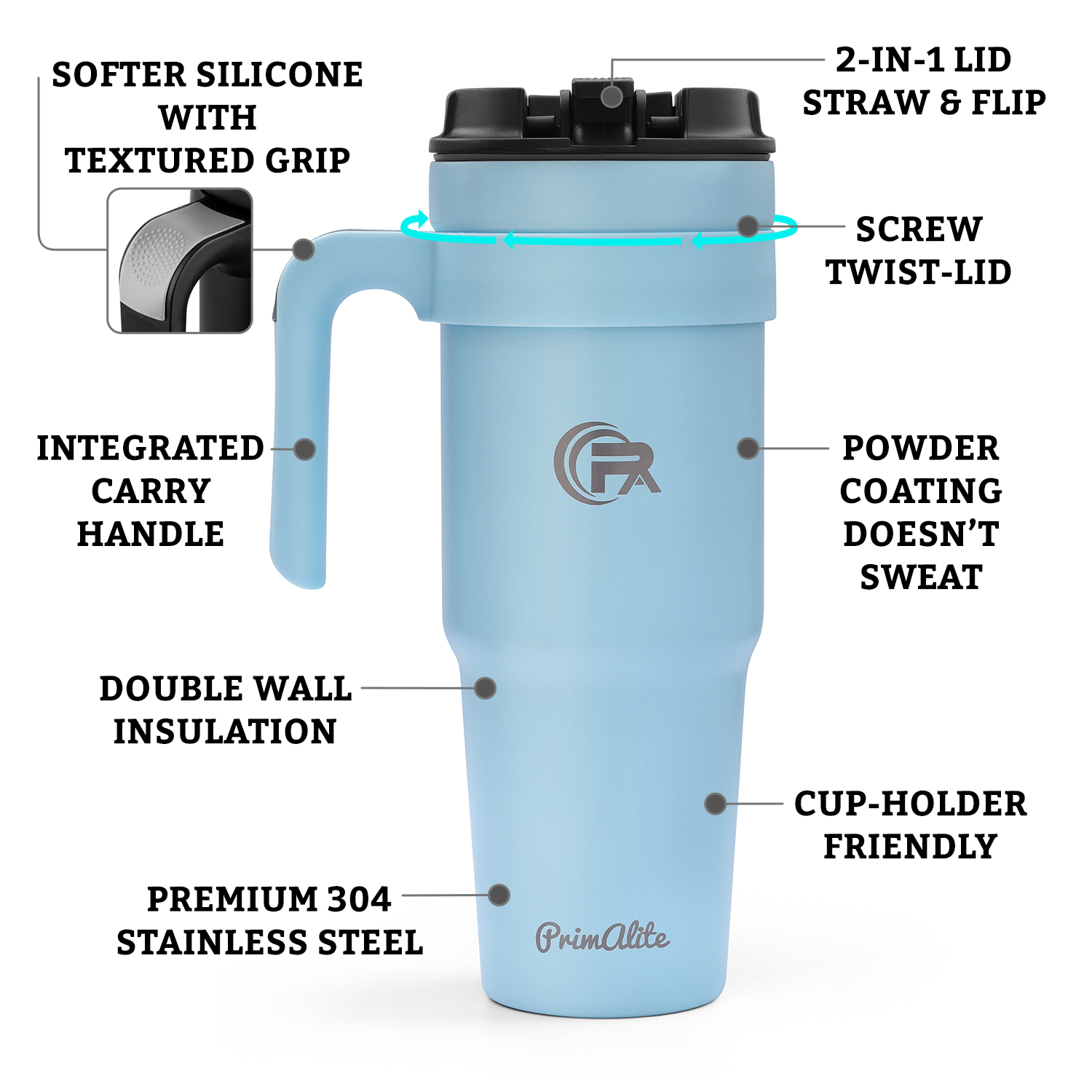 Primalite 1200ML Stainless Steel Insulated Tumbler with Handle | 2-in-1 Straw & Flip Lid 40oz- Morning Sky Blue