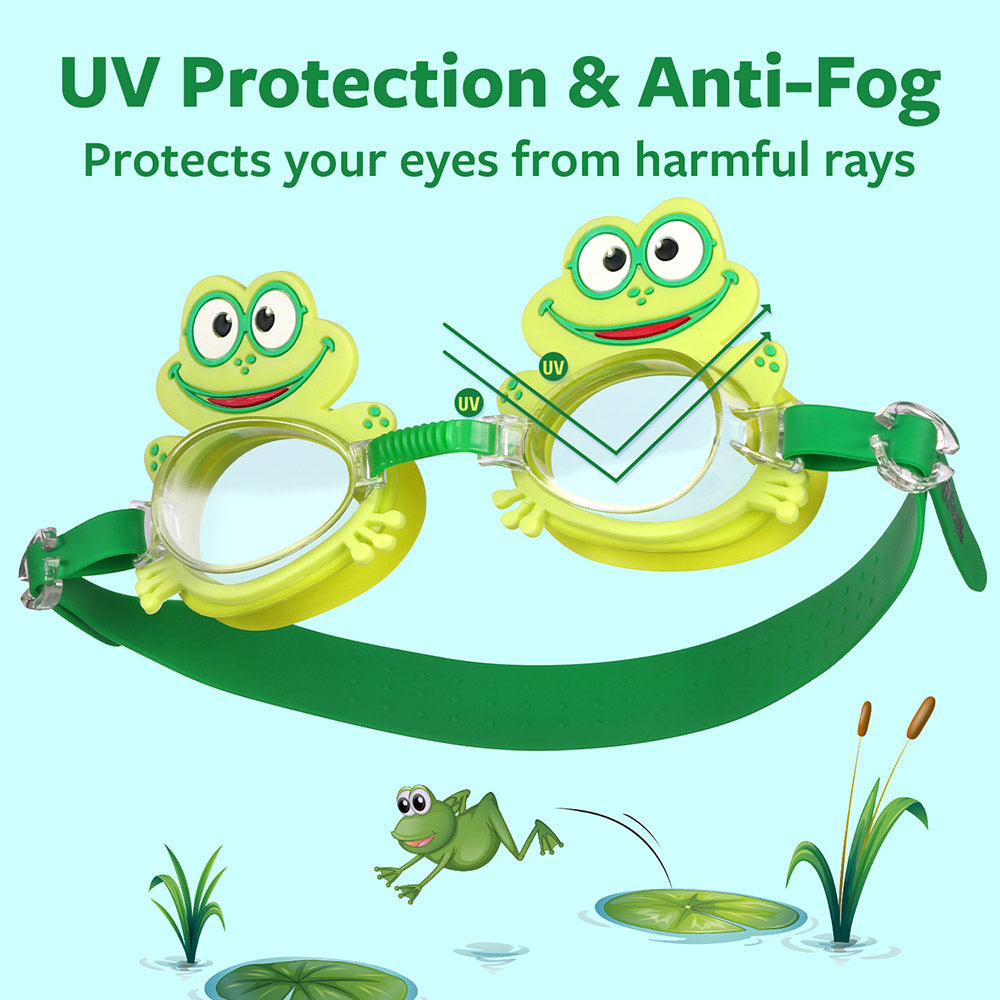 Primalite Swimming Goggles for Kids- Aged 3-12 Years Old, Fun Cartoon Design with Nose Clip & Ear Plug- Happy Frog