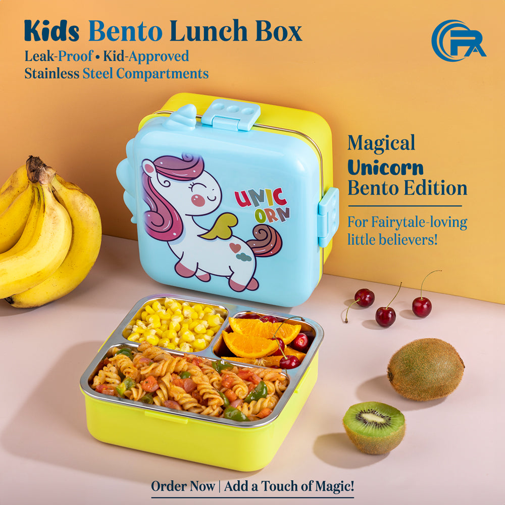 Primalite Kids Magical Unicorn Theme Stainless Steel Bento Lunch Box for School- 1100ML Sky