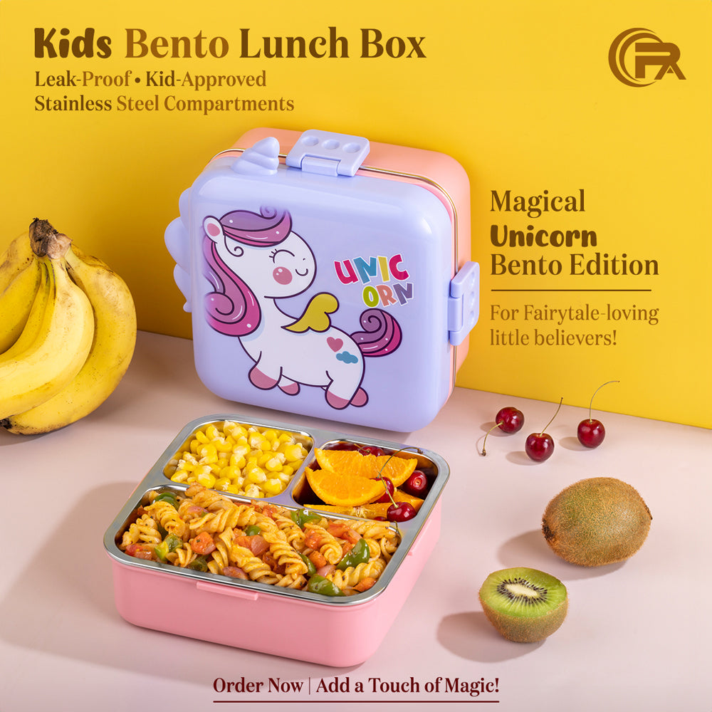 Primalite Kids Magical Unicorn Theme Stainless Steel Bento Lunch Box for School- 1100ML Lilac