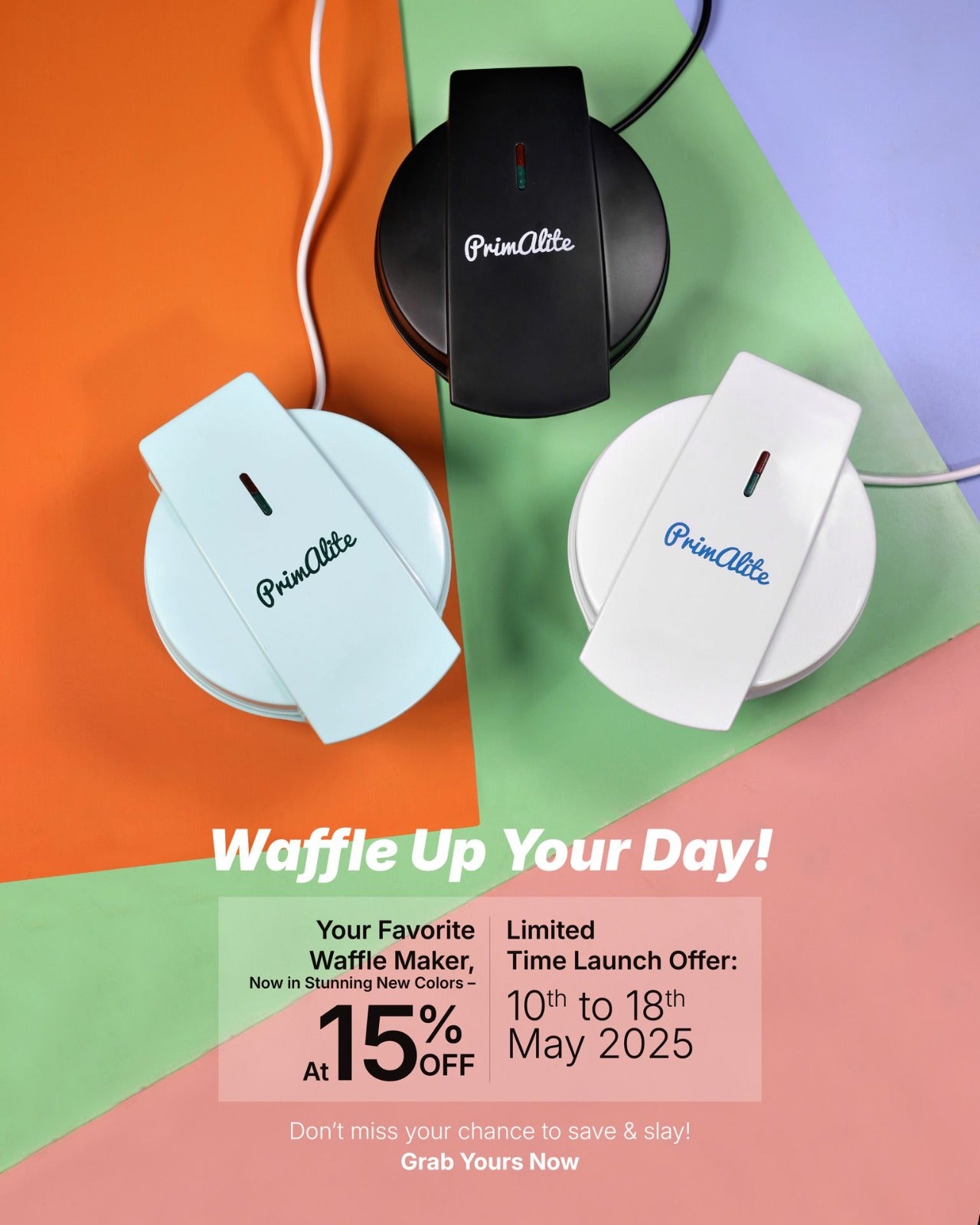 Primalite Multi Mini-HEART Waffle Maker Machine- 700 Watts | 5 Heart Waffles at once- Mint Green
