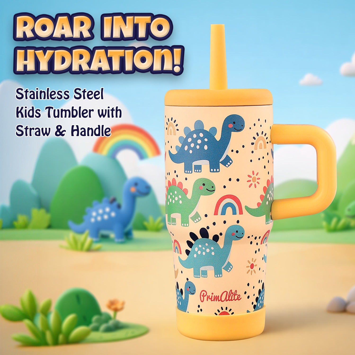 Primalite 450ML KIDS Stainless Steel Insulated Tumbler with Handle & Silicone Straw Lid- Dino Land