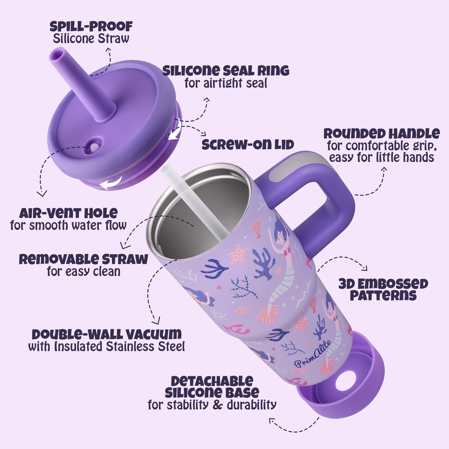 Primalite 450ML KIDS Stainless Steel Insulated Tumbler with Handle & Silicone Straw Lid- Coral Mermaid