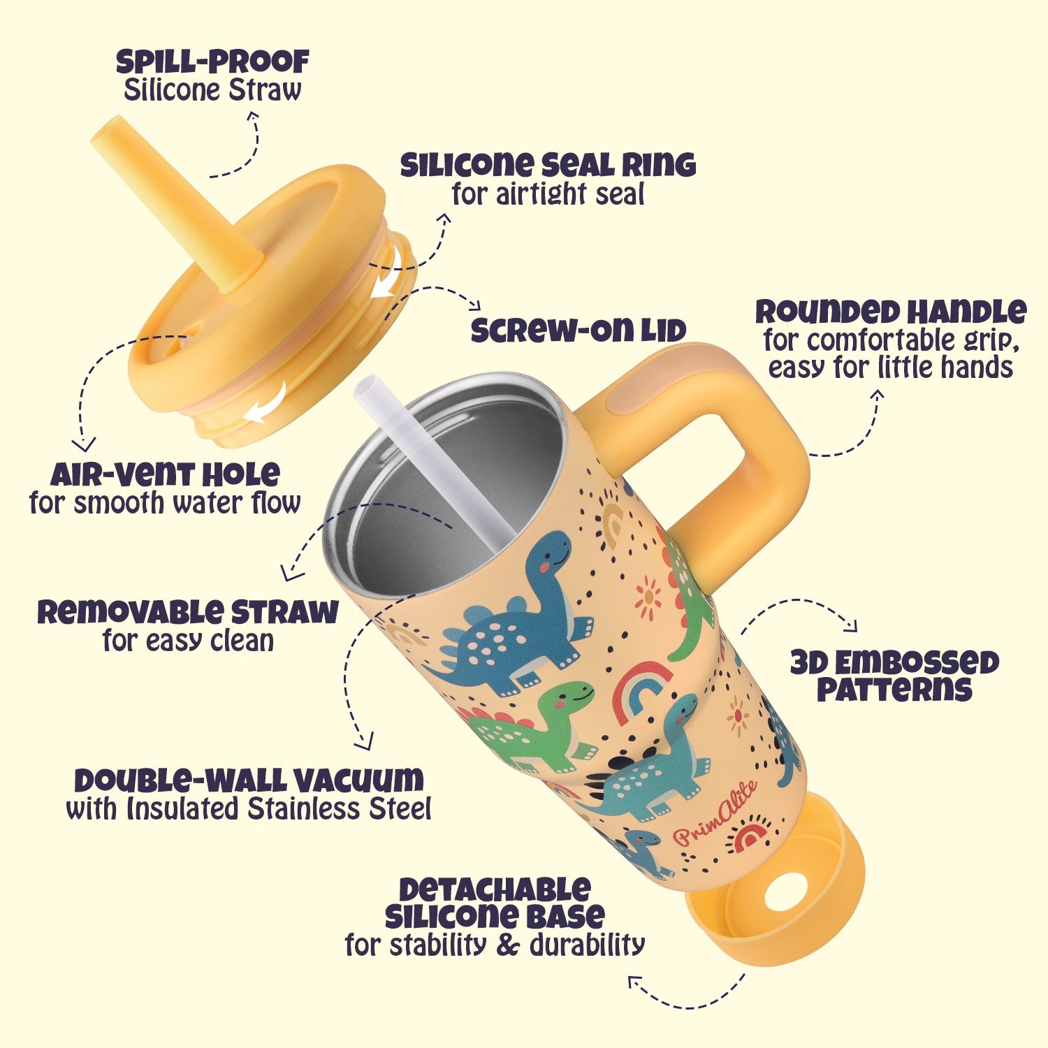 Primalite 450ML KIDS Stainless Steel Insulated Tumbler with Handle & Silicone Straw Lid- Dino Land