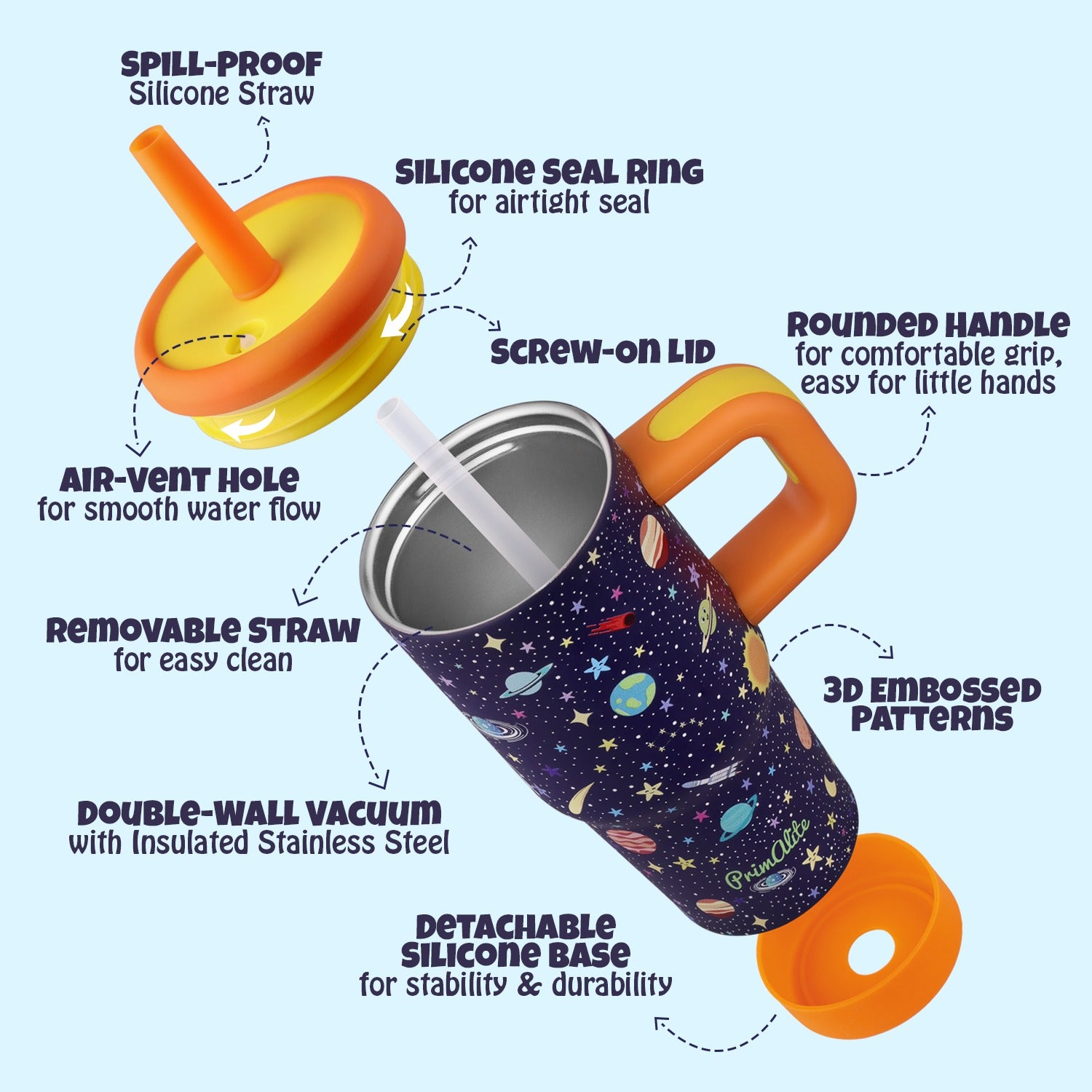 Primalite 450ML KIDS Stainless Steel Insulated Tumbler with Handle & Silicone Straw Lid- Space Explorer